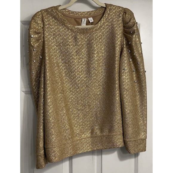 Cato Gold Puff Sleeve Blouse Women Large Gem Embellishment‎ Rhinestone - Picture 1 of 8